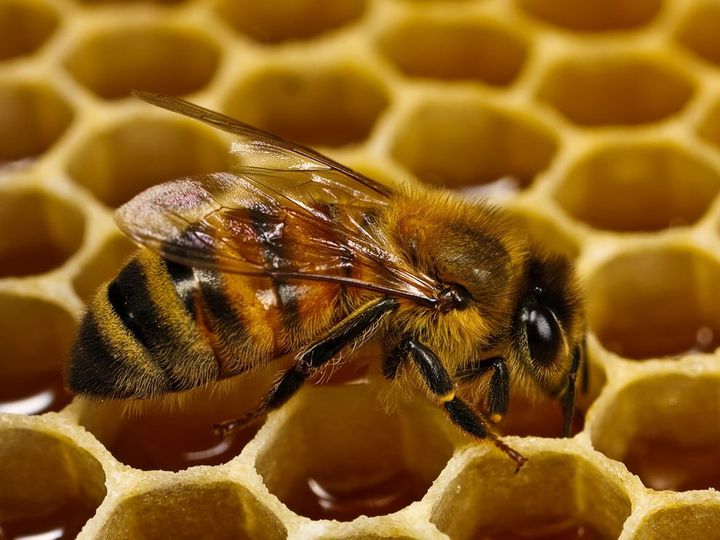 A worker bee walking across uncapped honeycomb.