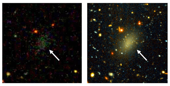 The dark galaxy Dragonfly 44. In the image on the left, the galaxy is visible only as a faint smudge of light. In the long-exposure image on the right, the galaxy is visible as a large elongated object