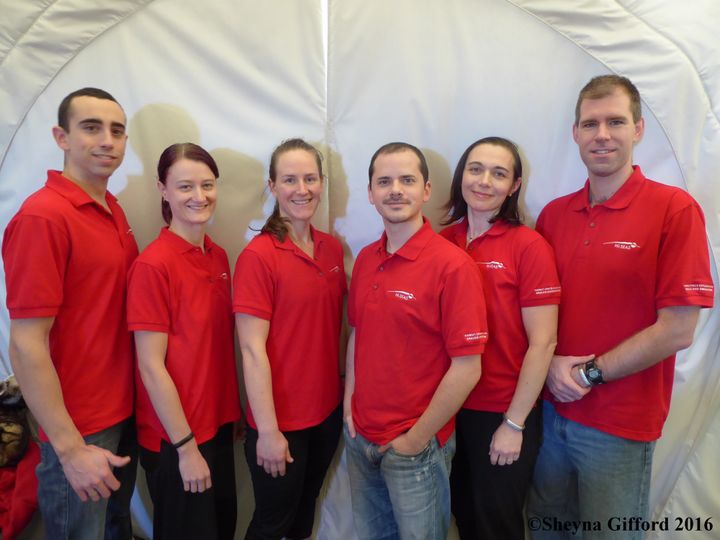The crew of HI-SEAS IV, from left to right: Cyprien Verseux, crew biologist; Christiane Heinicke, chief scientific officer and crew physicist; Carmel Johnston, crew commander; Tristan Bassingthwaighte, crew architect; Sheyna Gifford, chief medical and safety officer, crew journalist; Andrzej Stewart, chief engineering officer.