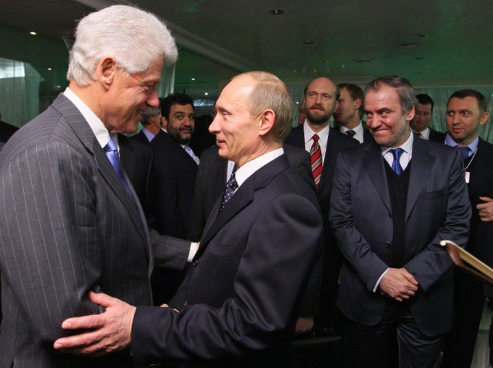 Former President Bill Clinton greeting Russian President Vladimir Putin at the World Economic Forum in Davos, Switzerland in Jan. 2009. Davos is a favorite get-together of the global elite.