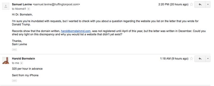 HuffPost's initial inquiry to Harold Bornstein's email address.