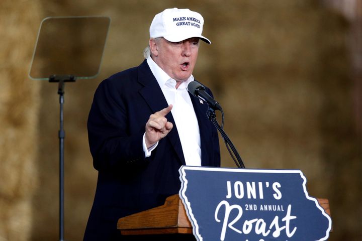 Republican presidential nominee Donald Trump speaks at Iowa Senator Joni Ernst's Roast and Ride at the Iowa State Fairgrounds in Des Moines August 27, 2016.