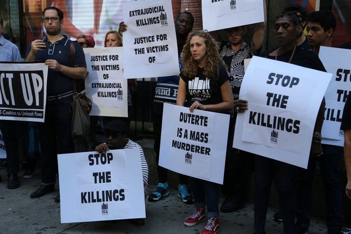 Rally outside the Philippine Embassy in New York calling for justice on the victims of the supposed extrajudicial killings.