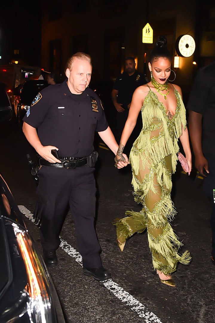 Rihanna green jumpsuit deals fringe