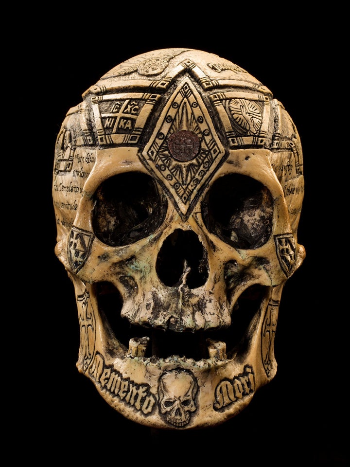 Head of the Templars Wylie calls this piece his Jacques de Molay tribute skull. Molay was the last known grand master of the Knights Templar. He was among the Templars arrested for heresy in France on October 13, 1307, which is often erroneously tied to Friday the 13th becoming an unlucky date.