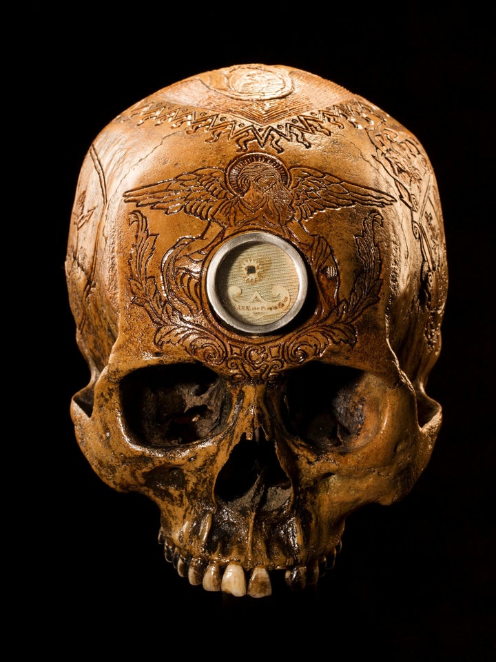 <strong>Holy Heart</strong> Carvings on this skull pay tribute to Saint Clare de Montefalco, a Catholic abbess who lived in I
