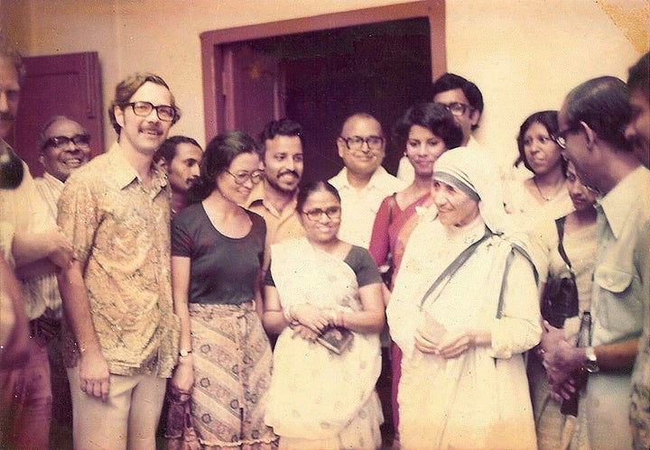 The CRS Calcutta staff, including Jim DeHarpporte on far left in glasses, with Mother Teresa. This was the day that it was announced that Mother Teresa won the Nobel Peace Prize in November 1979.