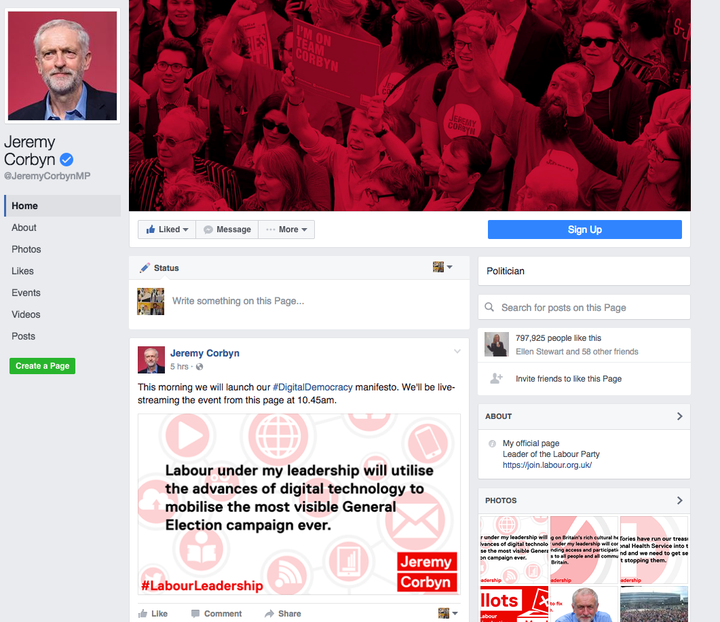 Corbyn's Facebook page sans live video.