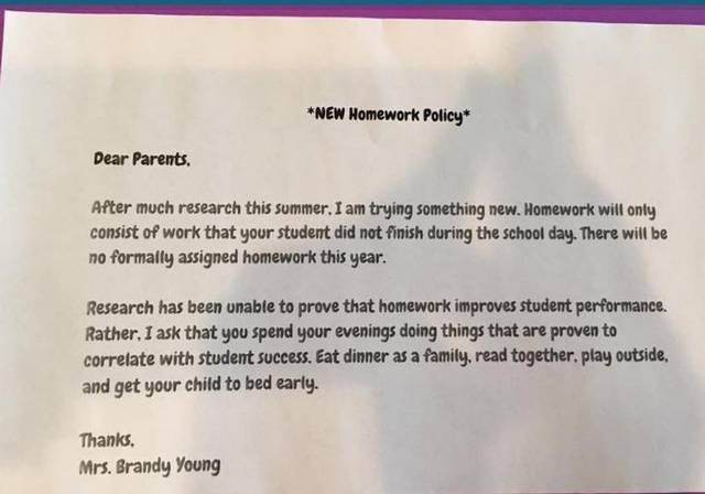 no homework letter to parents