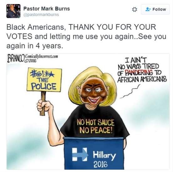 Screenshot of deleted tweet from Donald Trump surrogate and pastor Mark Burns.