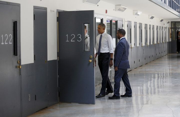 U.S. President Barack Obama is shown the inside of a cell as he visits the El Reno Federal Correctional Institution in El Reno, Oklahoma, on July 16, 2015. Obama commuted the sentences of 111 federal prisoners on Tuesday.