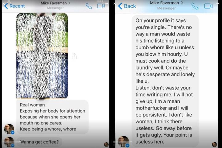 Left: A screenshot of a message that Mike Faverman sent to a woman. (The photo was redacted by HuffPost to protect her privacy.) Right: Another message he sent to a woman. 