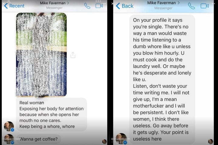 Left: A screenshot of a message that Mike Faverman sent to a woman. (The photo was redacted by HuffPost to protect her privacy.) Right: Another message he sent to a woman.