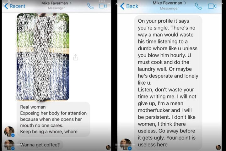 Left: A screenshot of a message that Mike Faverman sent to a woman. (The photo was redacted by HuffPost to protect her privacy.) Right: Another message he sent to a woman. 