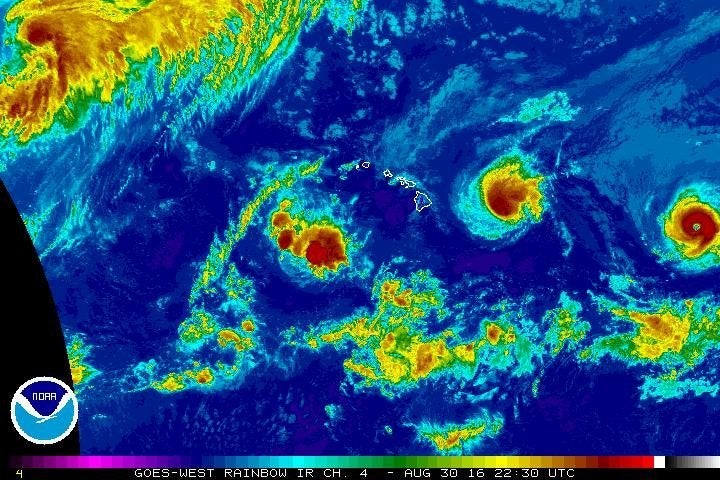 Hurricanes Madeline (left) and Lester (right) approach Hawaii's Big Island.