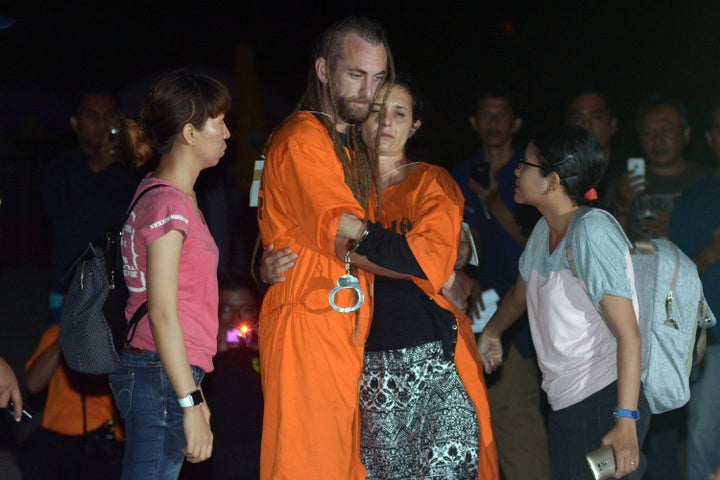 <strong>The re-enactment saw him reunited with his Australian girlfriend Sara Connor. The pair shared an embrace and a kiss on the beach</strong>