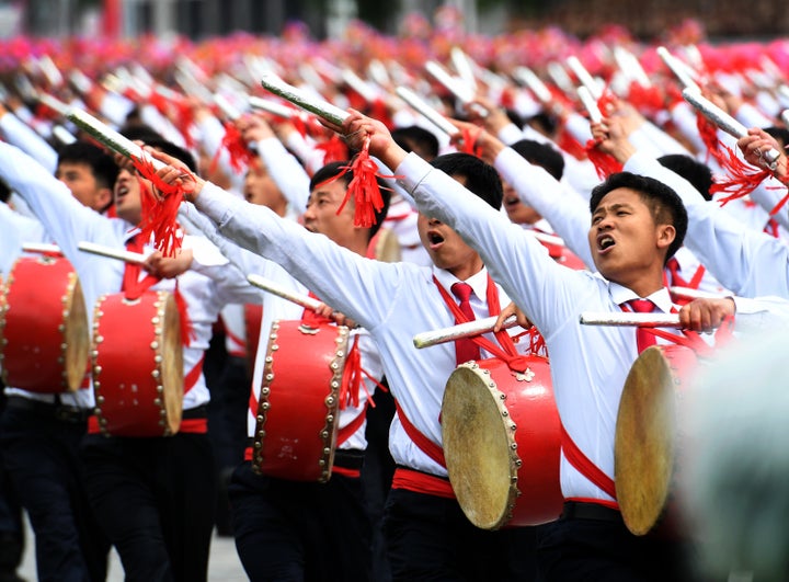 Drummers during a parade at Kim Il Sung Square in Pyongyang, North Korea on May 10, 2016.