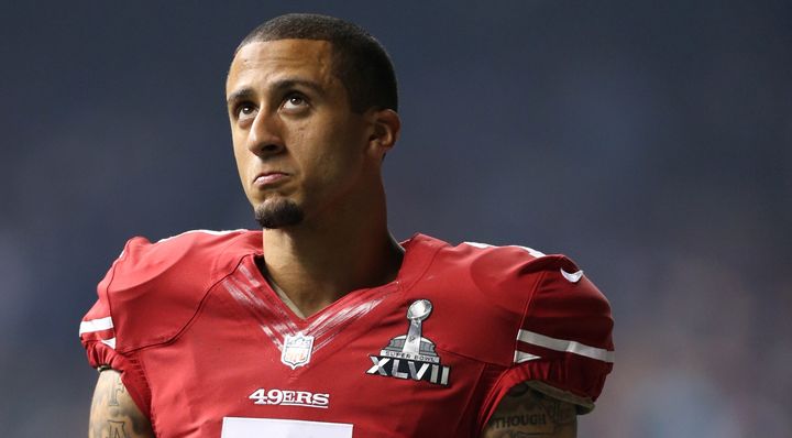 Colin Kaepernick looks up during Super Bowl XLVII in New Orleans, Feb. 3, 2013.
