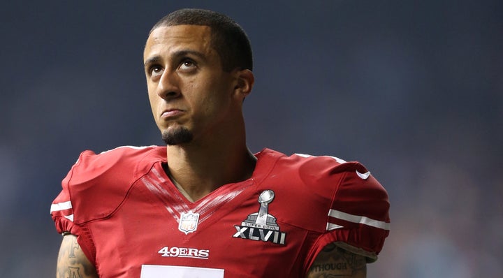 Colin Kaepernick looks up during Super Bowl XLVII in New Orleans, Feb. 3, 2013.