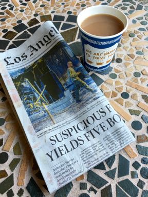 Enjoying my morning coffee and LA Times, NY style.