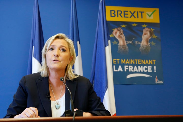 Marine Le Pen, France's far-right National Front political party leader, speaks during a news conference at the FN party head