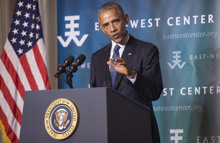 President Barack Obama addresses the 2016 Pacific Islands Conference of Leaders at the East-West Center in Honolulu on Wednesday.