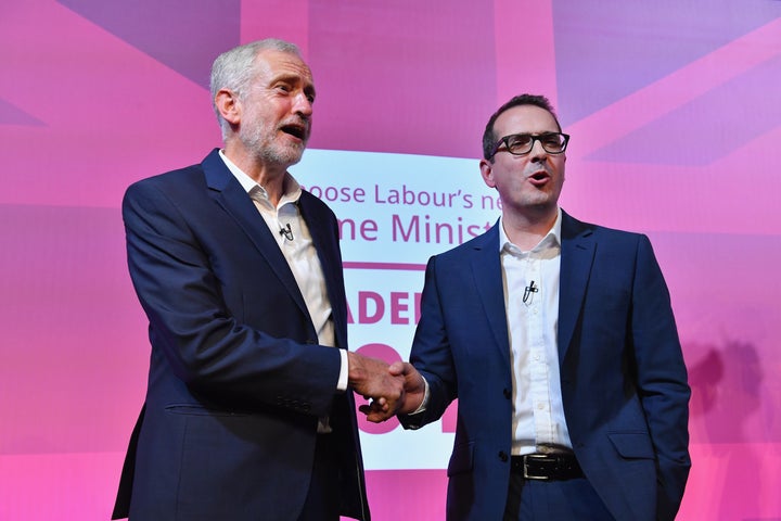 Jeremy Corbyn and Owen Smith shake hands following a Labour Party leadership debate