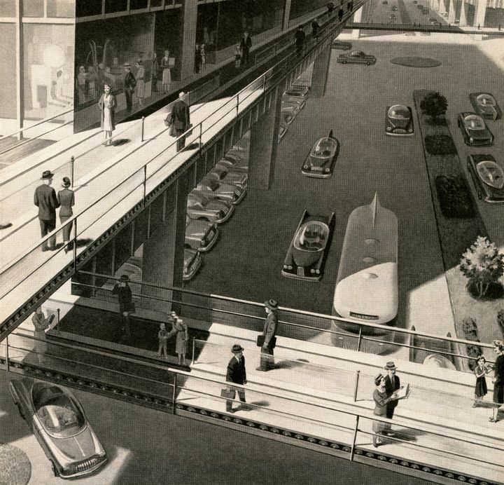 A 1950s screen print shows an unrealized vision of transportation in the future, including automated walkways.