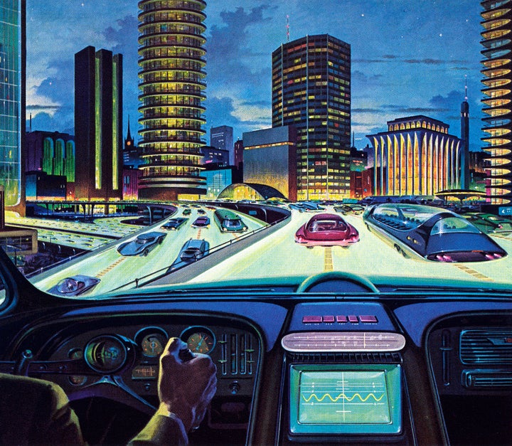 A 1950s illustration shows an "electronic car of tomorrow" driving on a city highway. The electronic display looks a lot like what most cars are equipped with now, though it's a far cry from self-driving cars.