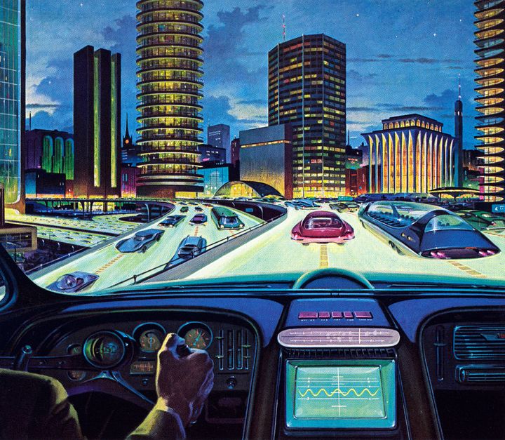 A 1950s illustration shows an "electronic car of tomorrow" driving on a city highway. The electronic display looks a lot like what most cars are equipped with now, though it's a far cry from self-driving cars. 