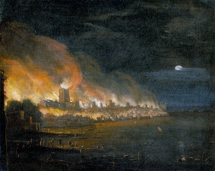 London can seen burning during the Great Fire in a painting from the time (artist not known)