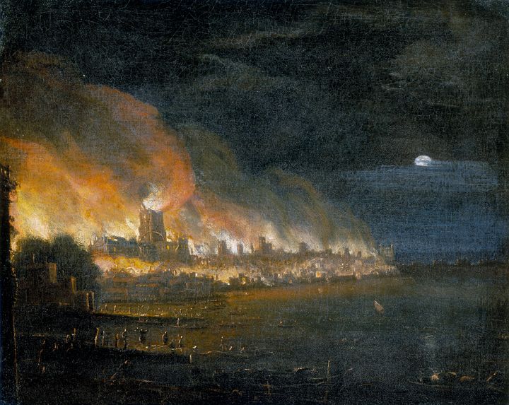 London can seen burning during the Great Fire in a painting from the time (artist not known)