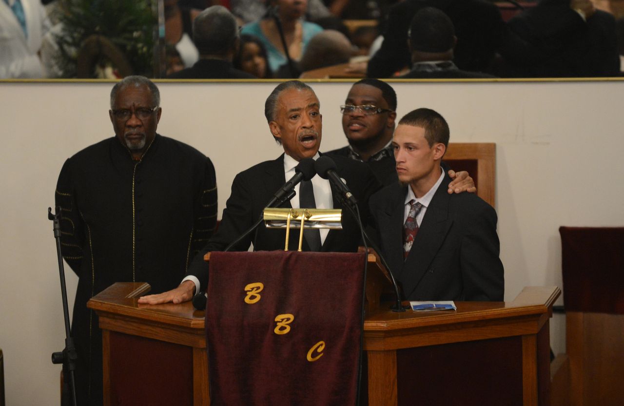 Rev. Al Sharpton introduces Orta during the funeral service for Eric Garner on July 23, 2014, in Brooklyn, New York.