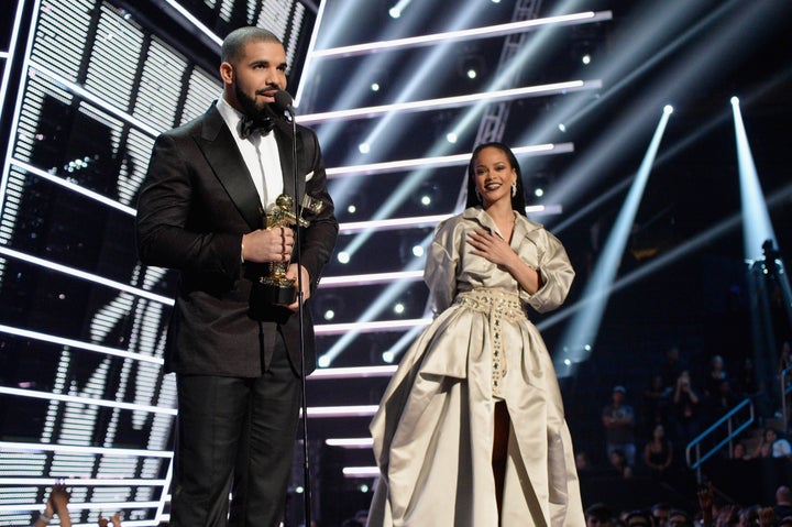 Drake and singer Rihanna onstage during the 2016 MTV Music Video Awards at Madison Square Garden on Aug. 28, 2016 in New York