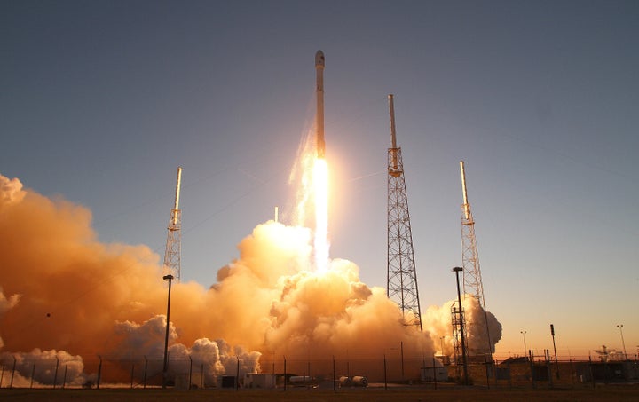 A SpaceX Falcon 9 rocket blasts off the launch pad, Feb. 11, 2015.