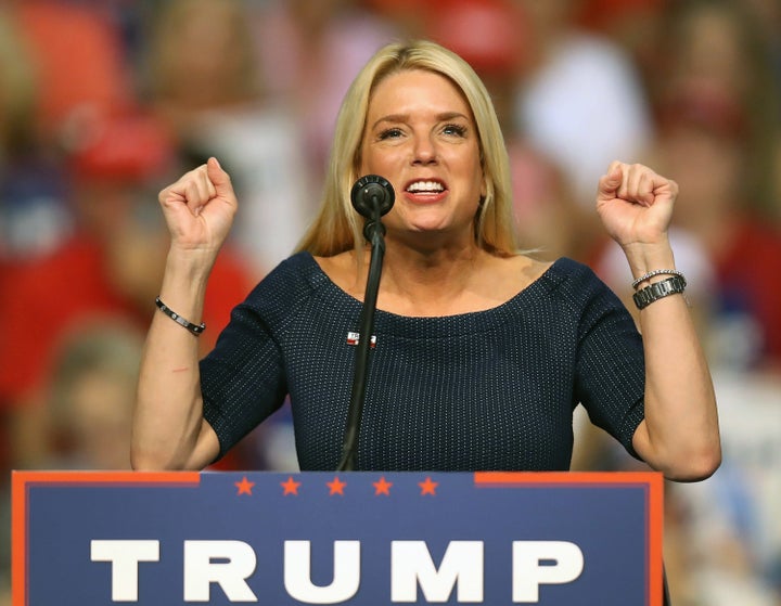 Florida Attorney General Pam Bondi speaks before the arrival of Donald Trump at a campaign event in Daytona, Florida, Aug. 3,