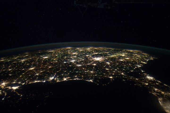 The Southern United States and Gulf of Mexico, as seen at night from the International Space Station. The Florida Peninsula is on the right.