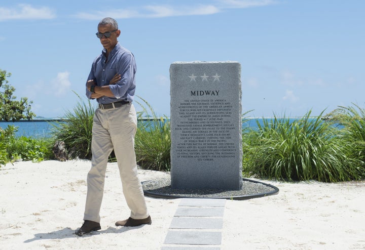 President Barack Obama visits the Battle of Midway Navy Memorial during a tour of Midway Atoll in the Papahanaumokuakea Marine National Monument in the Pacific Ocean, September 1, 2016.