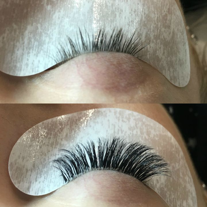 My eyelashes before and after a full set of Lash Pefect Varia extensions