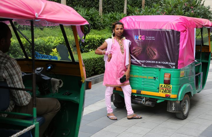 Marking breast cancer awareness month in Bangalore, India in October 2014.