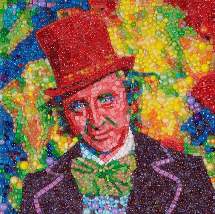 Artist Jason Mecier created a portrait of Gene Wilder as Willy Wonka using candy.