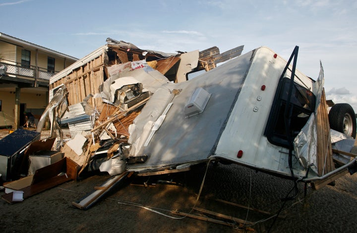 A destroyed travel trailer sits near the bay after rain and wind from Hurricane Hermine hit the town of Keaton Beach, Florida.