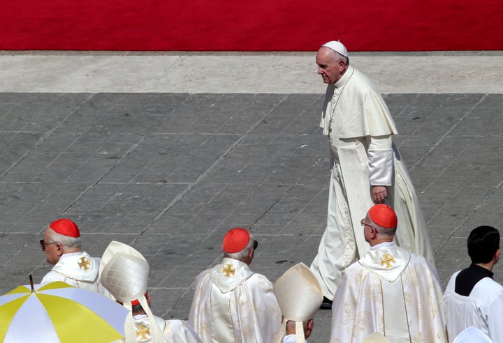 Pope Francis leaves at the end of a mass for the canonisation of Mother Teresa of Calcutta in Saint Peter's Square at the Vat