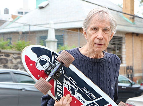 <i>Photo by Nancy A. Ruhling</i><br><strong>Ralph's $1-billion invention: ridged wheels for skateboards, scooters and skates.