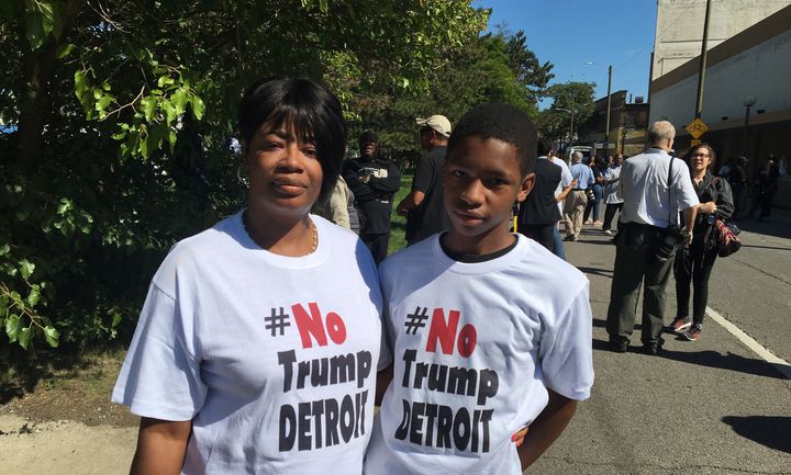 Laketa Dumas and her 14-year-old son Jaylen Blackmon came to Great Faith Ministries to protest Donald Trump in Detroit on Sept. 3.