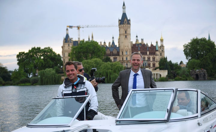 Candidate Leif-Erik Holm of the anti-immigration party Alternative for Germany (AfD) enters a boat after first exit polls during the Mecklenburg-Vorpommern state election at the party post election venue in Schwerin, Germany, September 4, 2016.