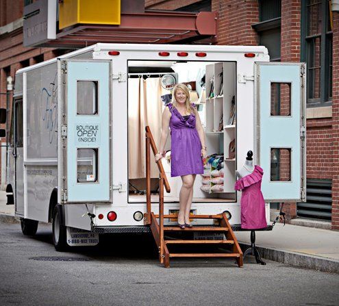 Emily Benson, in the front door of her mobile business, The Fashion Truck, formerly based in Boston, Massachusetts.