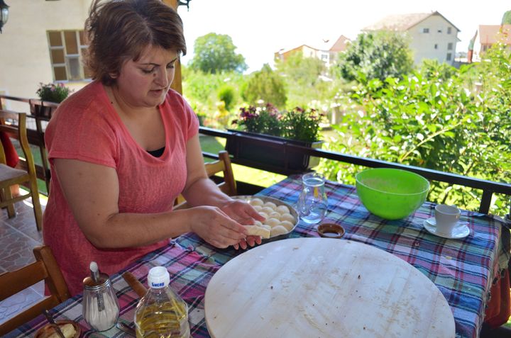 Owner and chef, Anita, demonstrating how to make kifli at Risto's Guest House.