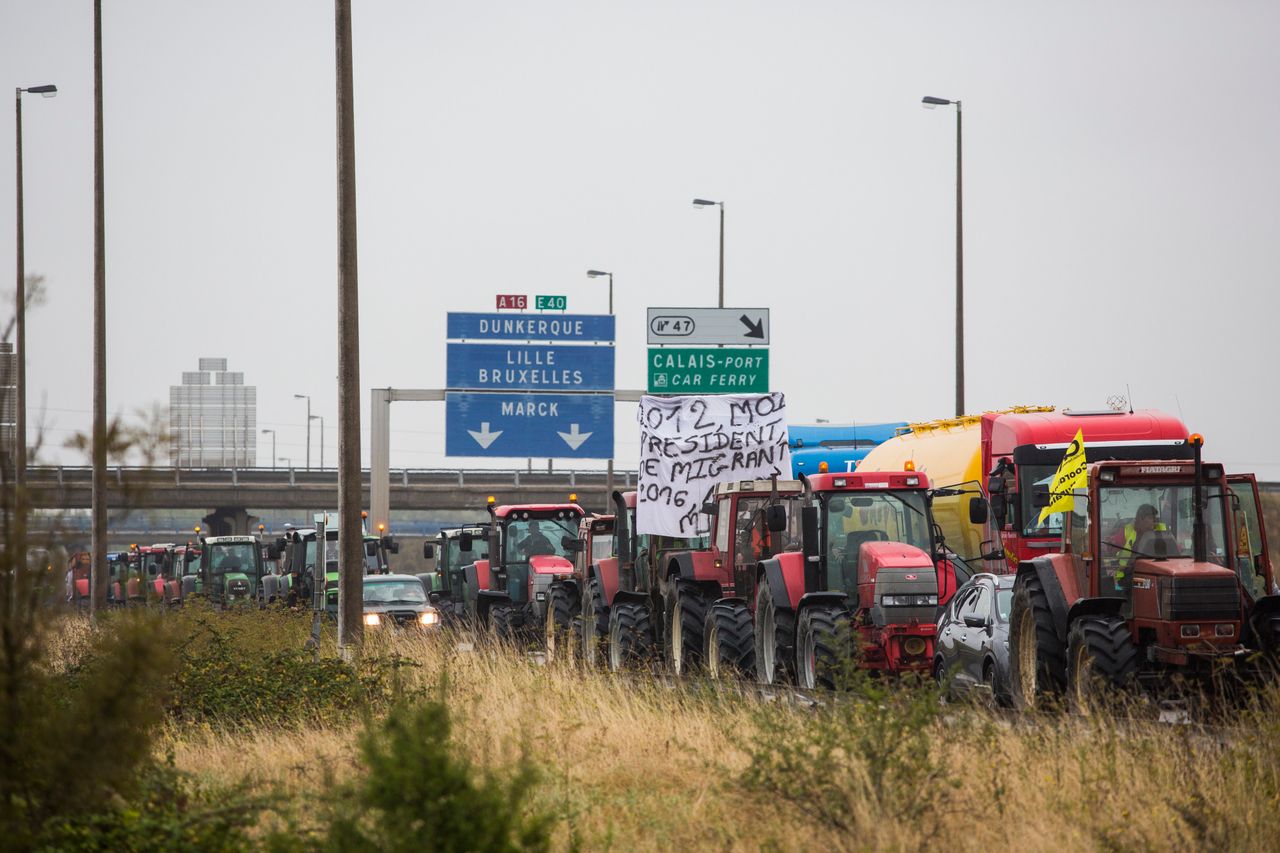 Farmers, businesses owners and locals blockade the road in a protest against the migrant situation in Calais