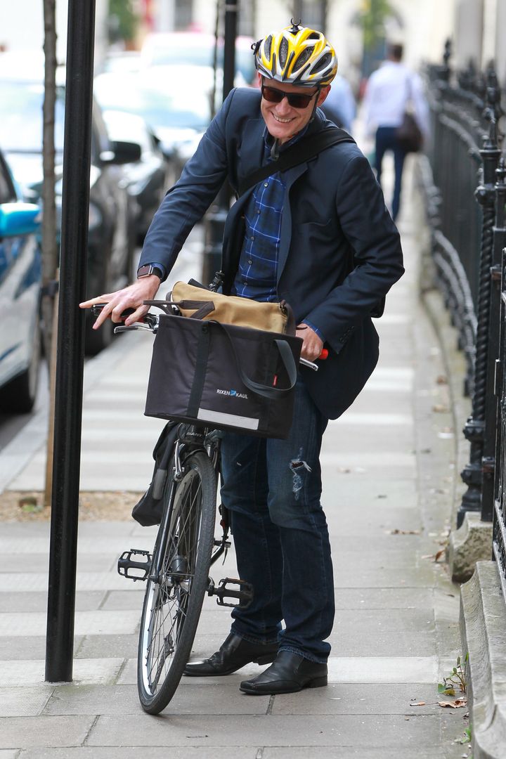 Jeremy Vine seen riding his bike outside the BBC Radio studios, the day after a motorist verbally abuse him